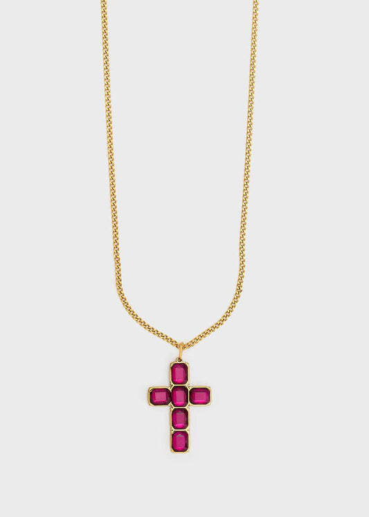 COLLANA CROCE CON PIETRE FUCSIA/ORO NALÍ
