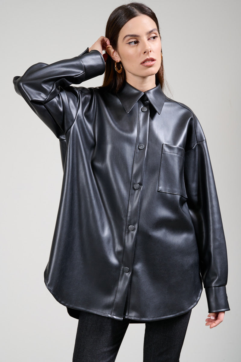 CAMICIA OVER ECOPELLE NERA KAOS