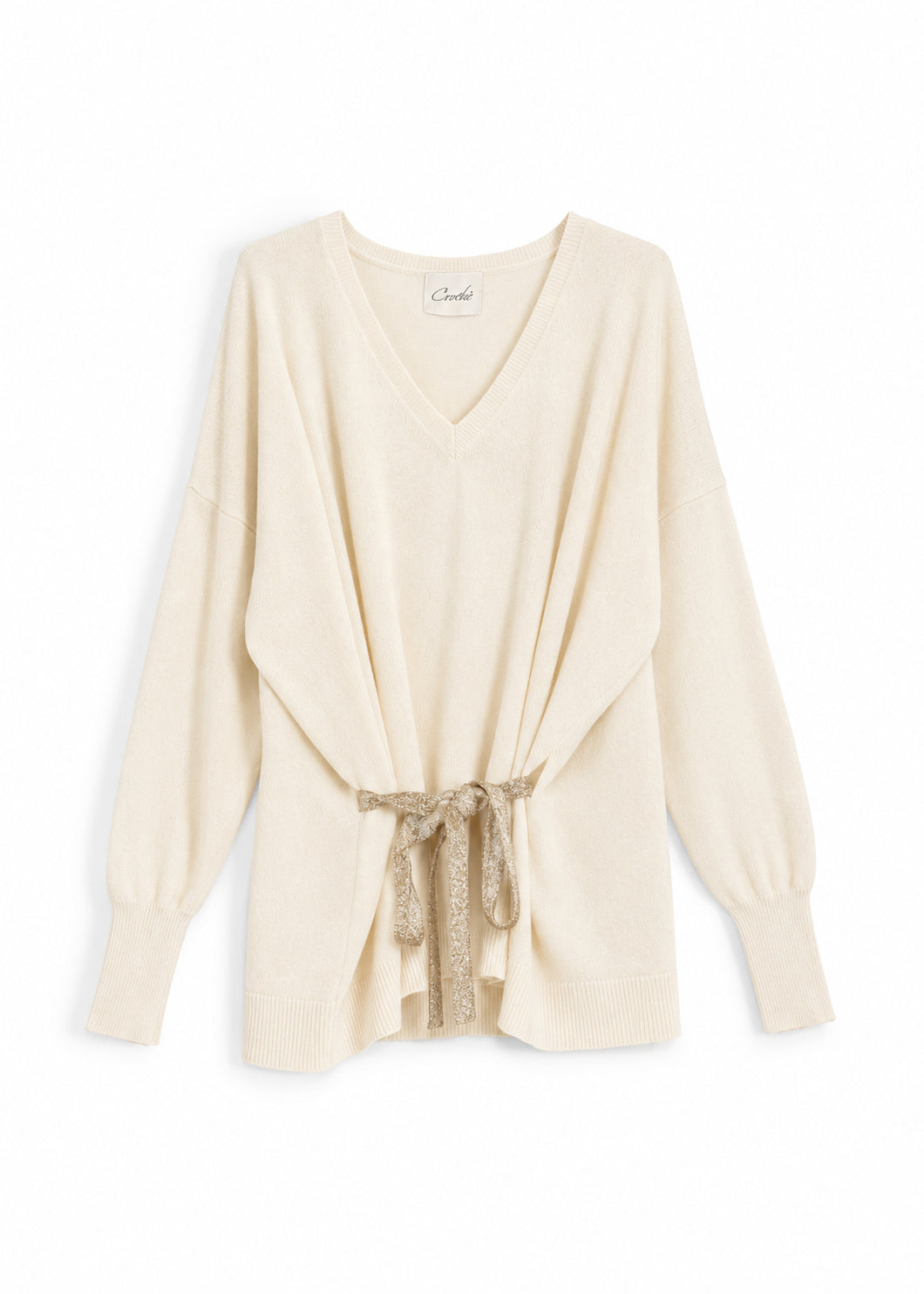 MAGLIA SCOLLO V CINTURA LUREX PANNA PURA LANA CROCHÈ