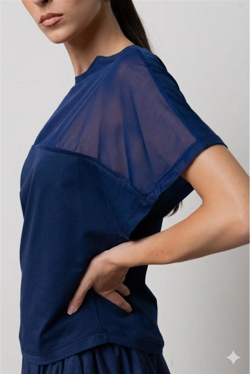 BLUSA DI JERSEY CON INSERTI DI MUSSOLA BLU NAVY ICONA