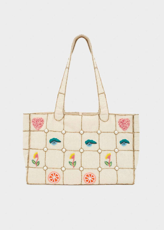 BORSA SHOPPER IN TESSUTO CON RICAMI PANNA NALÌ