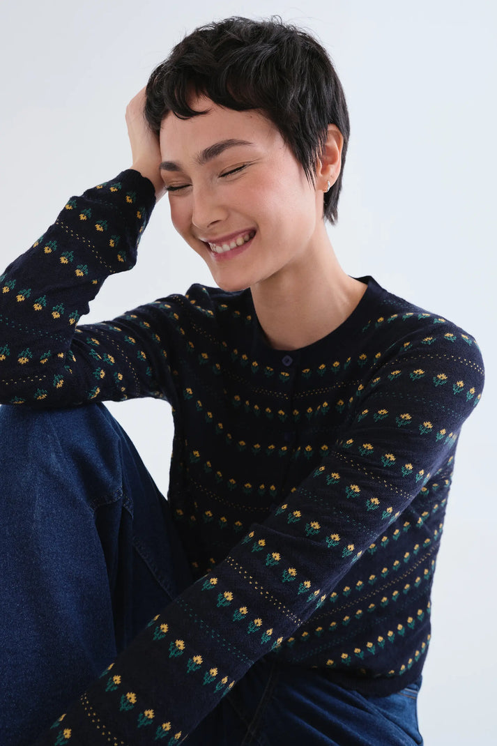 CARDIGAN JACQUARD BLU NAVY FIORI RICAMATI 63C/10218 COMPANIA FANTASTICA