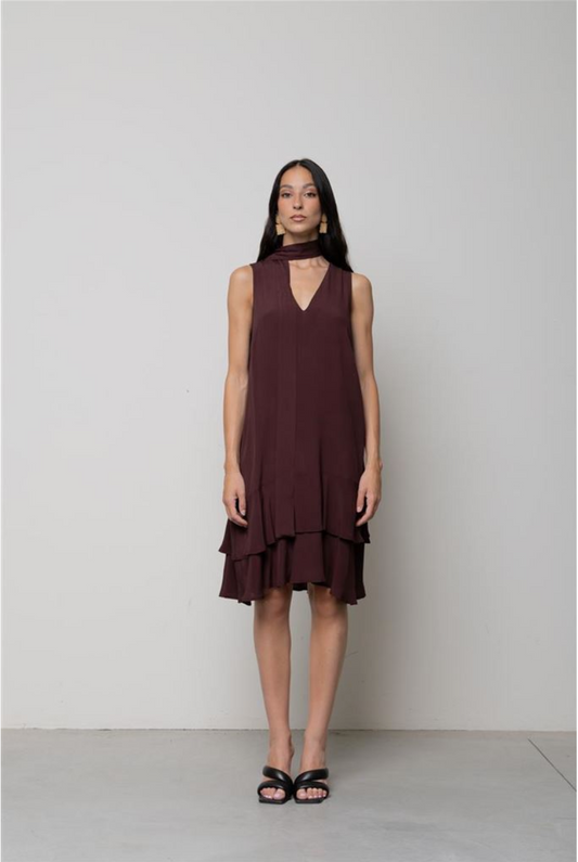 ABITO CORTO IN CREPE DE CHINE CON BALZE CIOCCOLATO KAOS