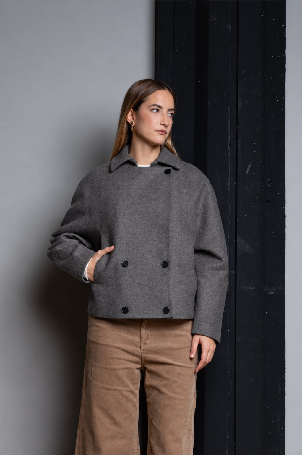 CABAN CORTO CON MANICHE BALLOON IN MISTOLANA GRIGIO KAOS JEANS