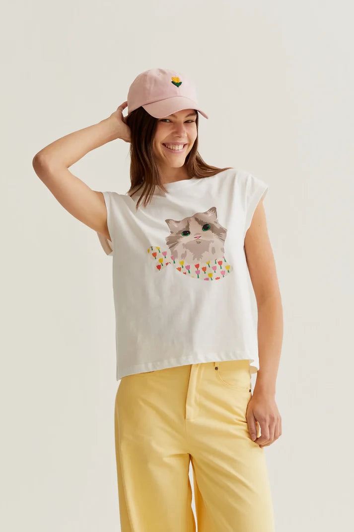 T-SHIRT BIANCA CON STAMPA GATTO COMPANIA FANTASTICA