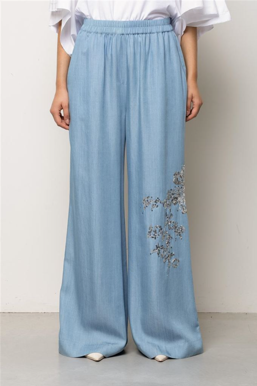 Pantaloni Palazzo Effetto Denim con Ricamo  KAOS JEANS