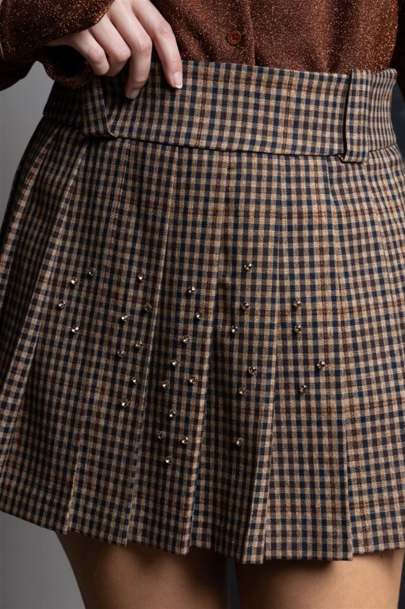 GONNA CORTA A PIEGHE IN CHECK CON CABOCHON CORTECCIA KAOS JEANS