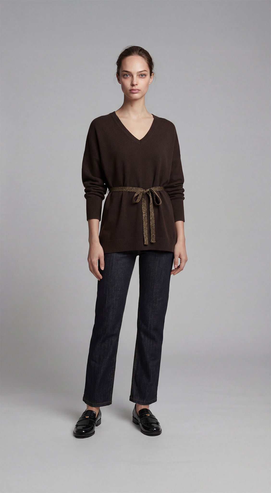 MAGLIA SCOLLO V CINTURA LUREX MORO PURA LANA CROCHÈ