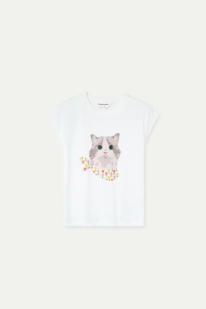 T-SHIRT BIANCA CON STAMPA GATTO COMPANIA FANTASTICA