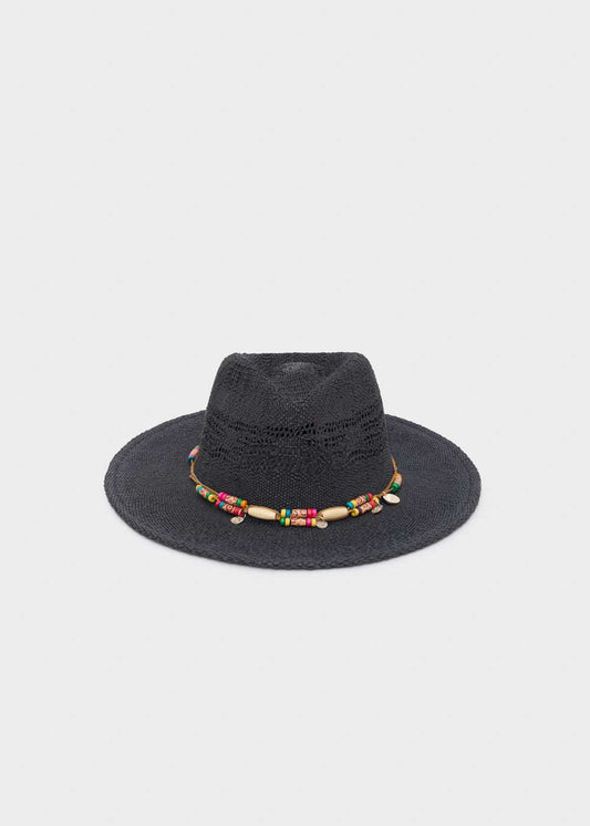 CAPPELLO RICO IN RAFIA CON PERLINE NERO NALÌ