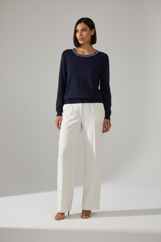 Maglia Donna Blu con  Scollo In Swarovsky LIZALÙ