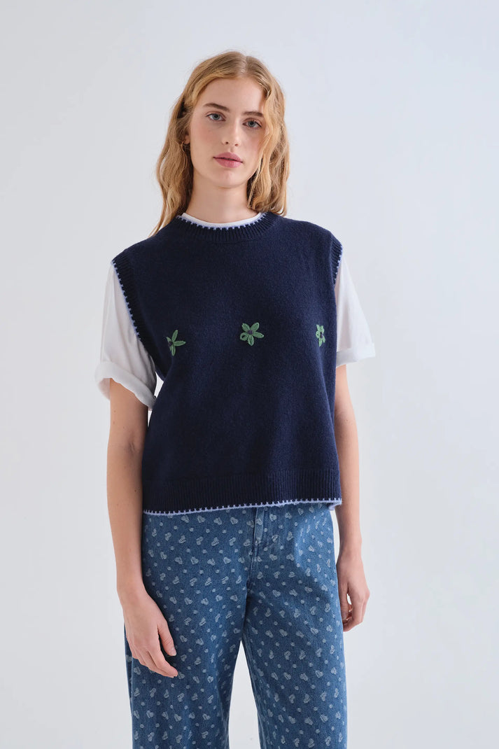 GILET IN MAGLIA BLU FIORI RICAMATI 63C/10317 COMPANIA FANTASTICA
