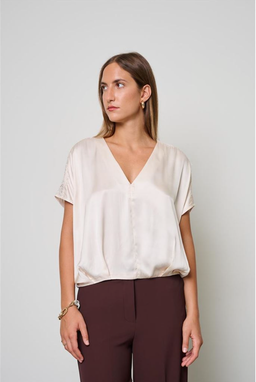 BLUSA DI RASO CON INSERTI DI PIZZO BURRO KAOS