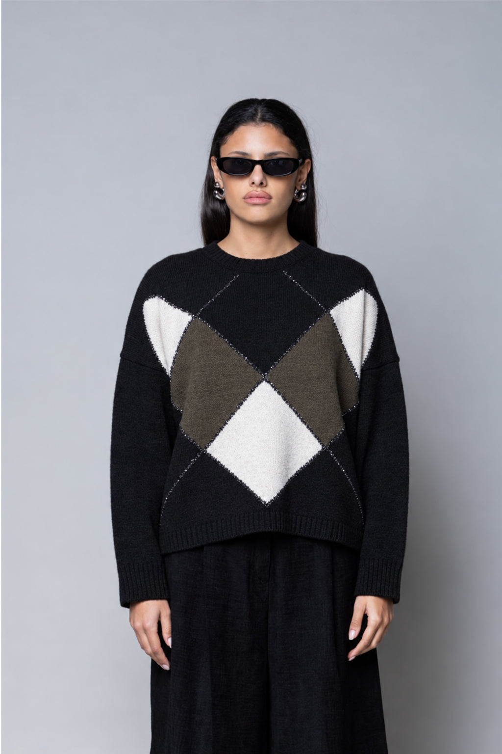 MAGLIA JACQUARD ROMBI GIROCOLLO NERO KAOS