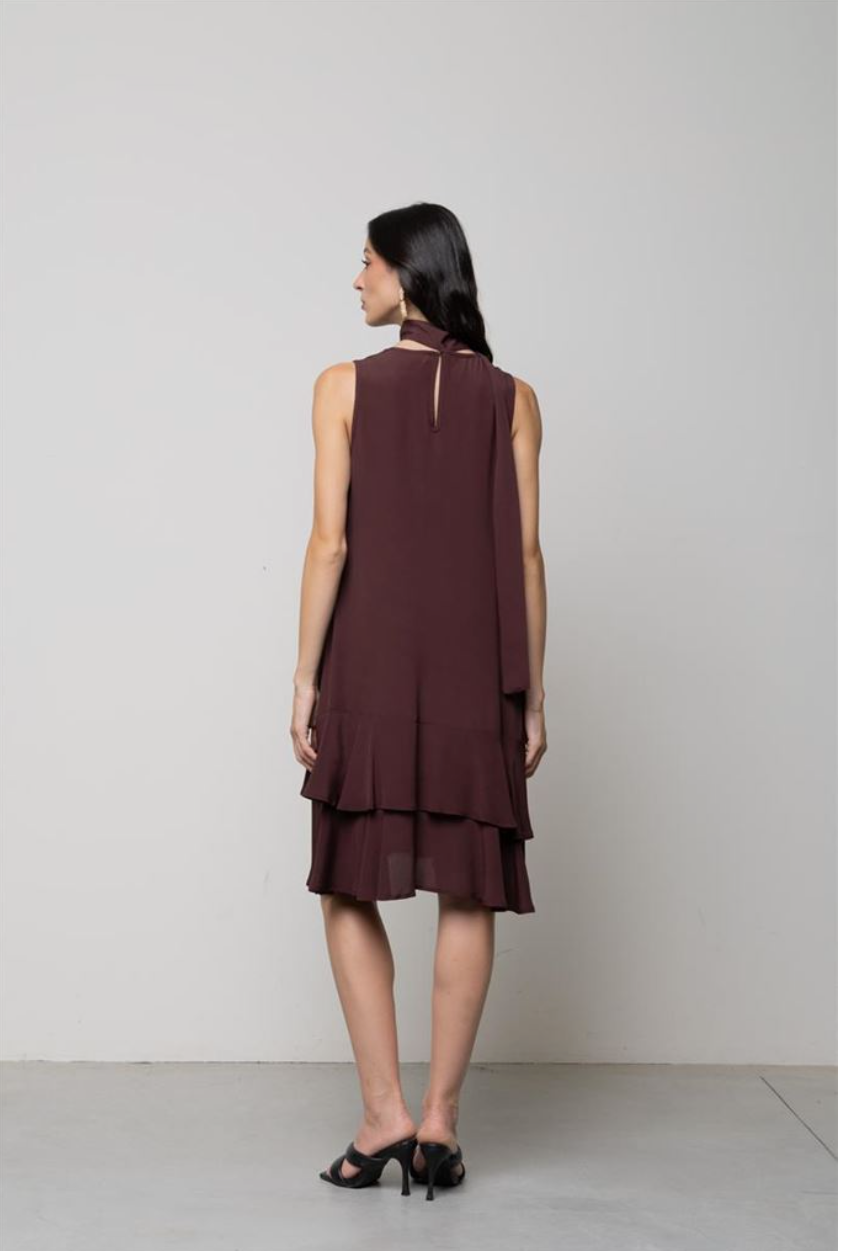 ABITO CORTO IN CREPE DE CHINE CON BALZE CIOCCOLATO KAOS