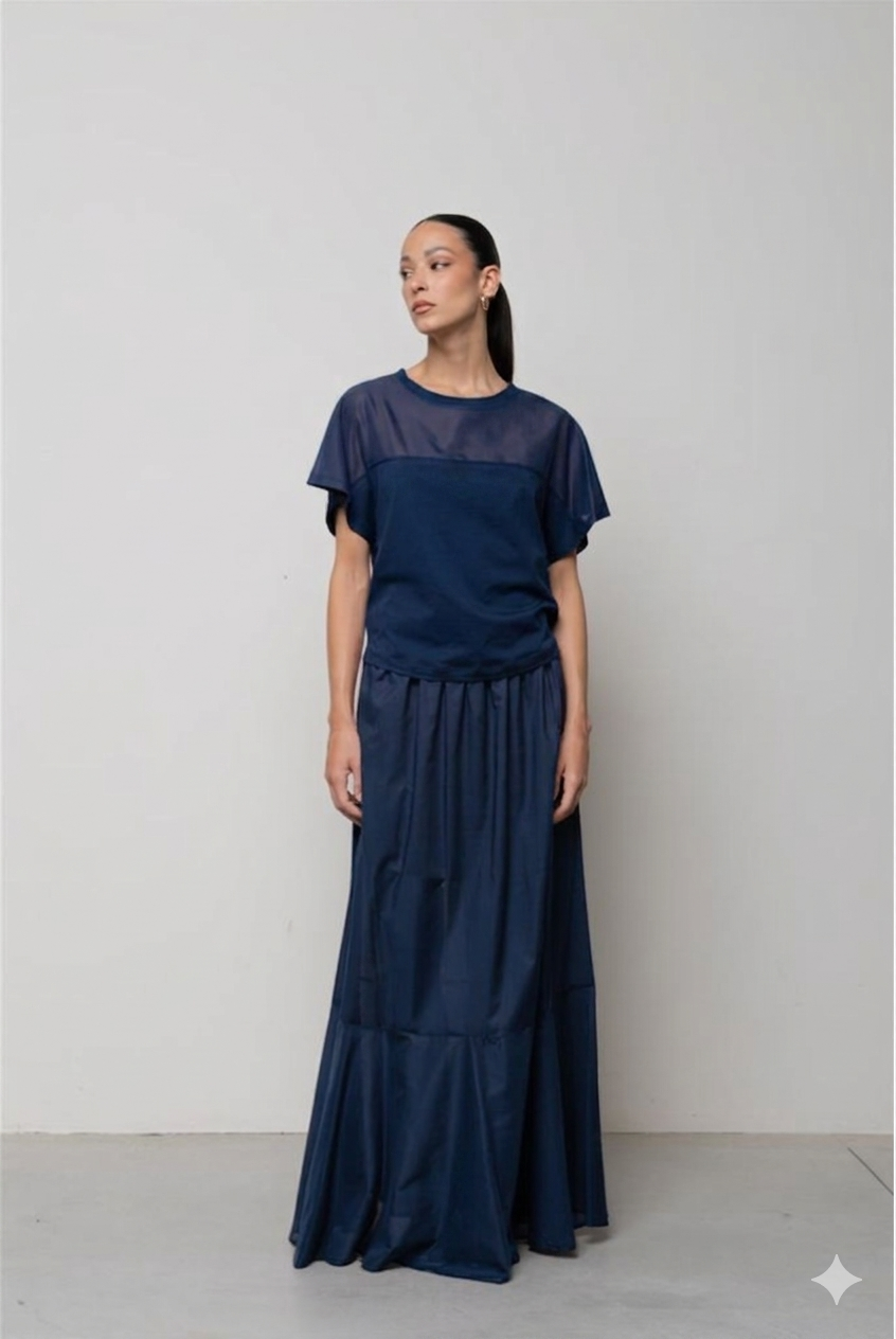 BLUSA DI JERSEY CON INSERTI DI MUSSOLA BLU NAVY ICONA
