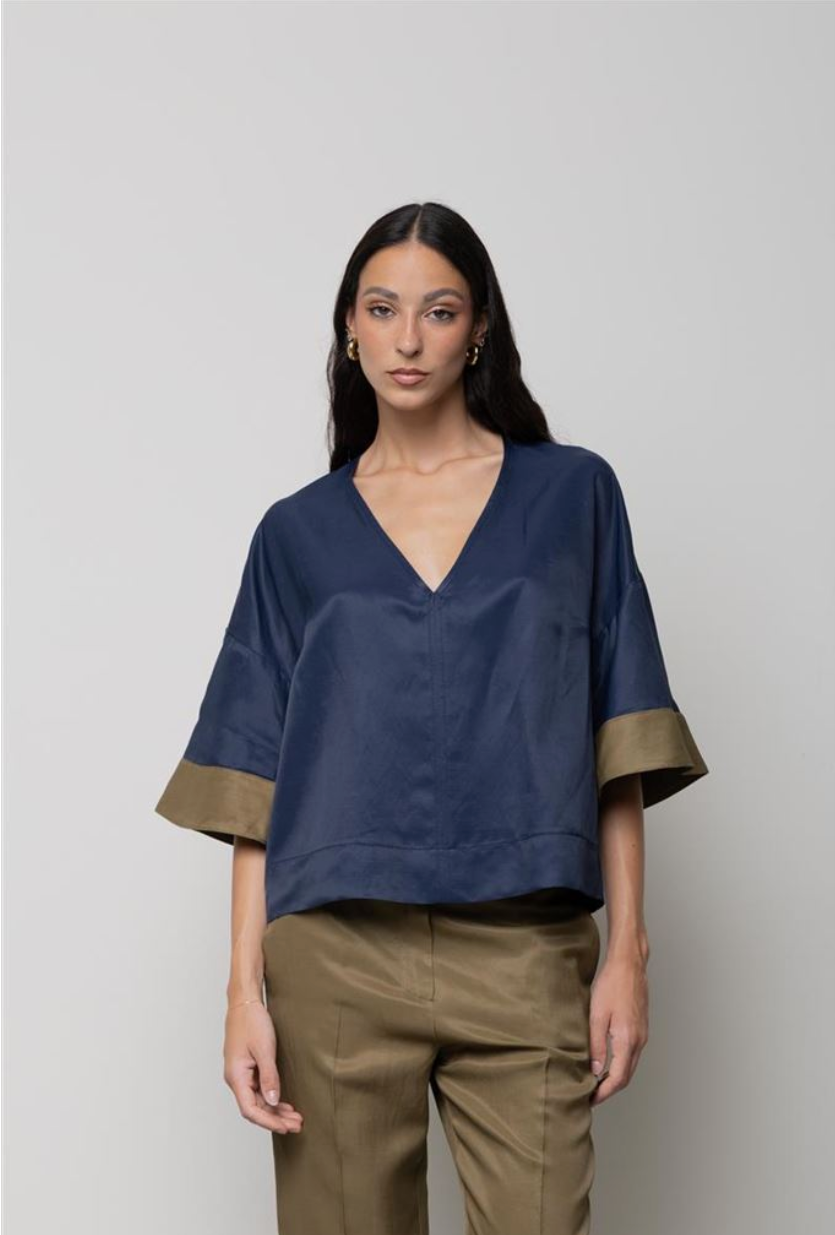 BLUSA BICOLORE IN MISTO LINO KAOS
