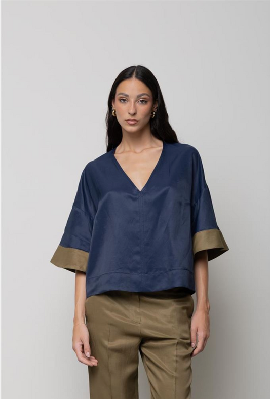 BLUSA BICOLORE IN MISTO LINO KAOS