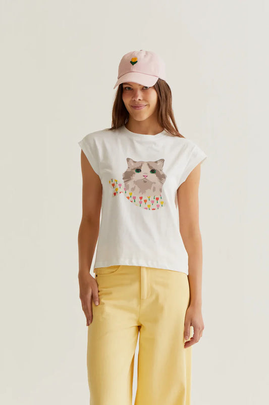 T-SHIRT BIANCA CON STAMPA GATTO COMPANIA FANTASTICA