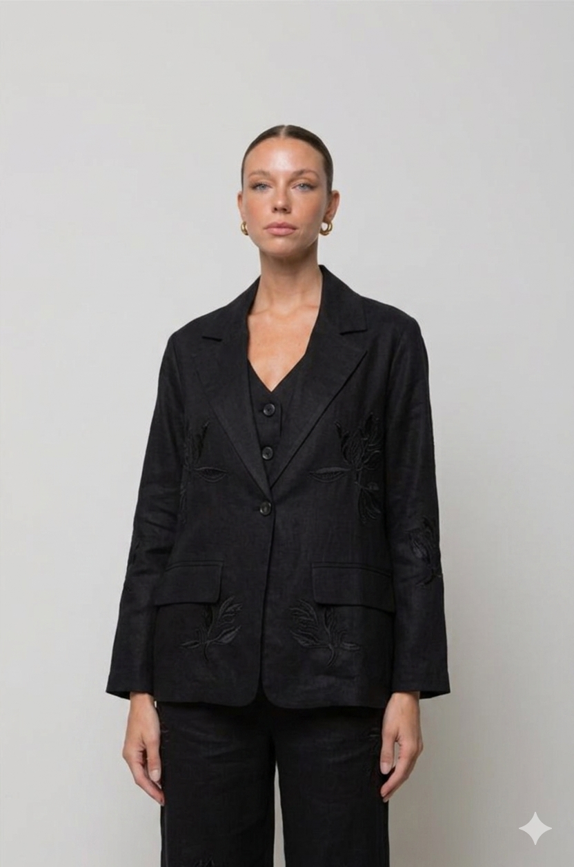 BLAZER MONOPETTO DI LINO RICAMATA NERA ICONA