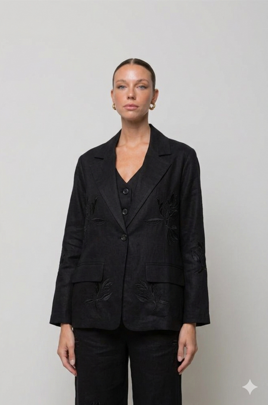 BLAZER MONOPETTO DI LINO RICAMATA NERA ICONA