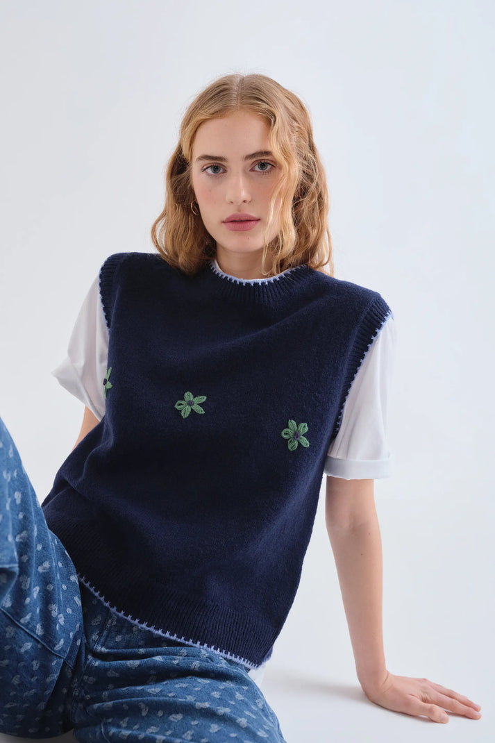 GILET IN MAGLIA BLU FIORI RICAMATI 63C/10317 COMPANIA FANTASTICA