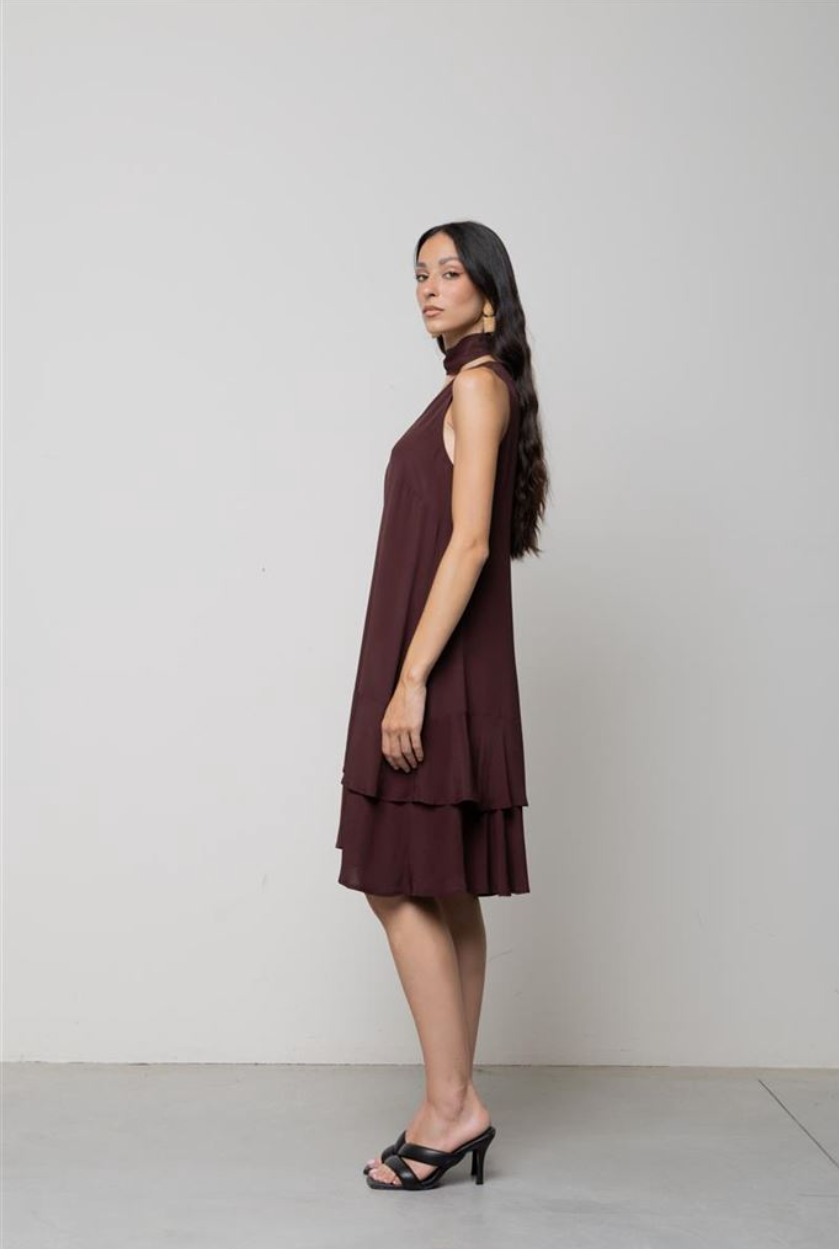 ABITO CORTO IN CREPE DE CHINE CON BALZE CIOCCOLATO KAOS