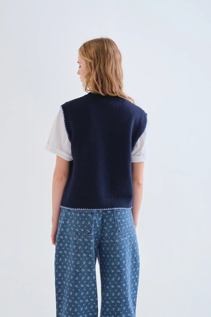 GILET IN MAGLIA BLU FIORI RICAMATI 63C/10317 COMPANIA FANTASTICA