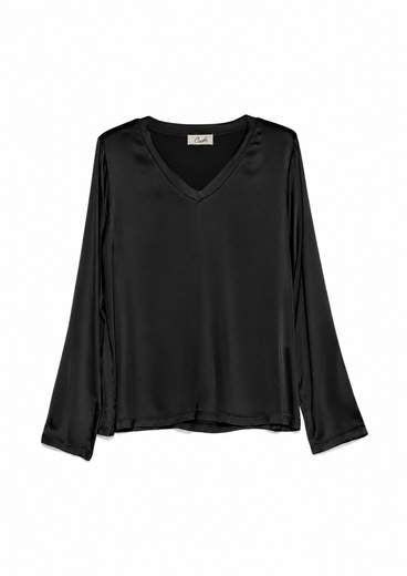 T-SHIRT V MANICA LUNGA RASO ELASTICCIZATO NERO CROCHÈ