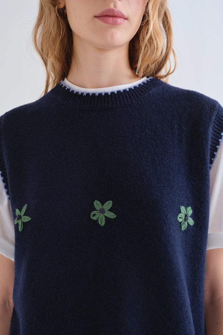 GILET IN MAGLIA BLU FIORI RICAMATI 63C/10317 COMPANIA FANTASTICA