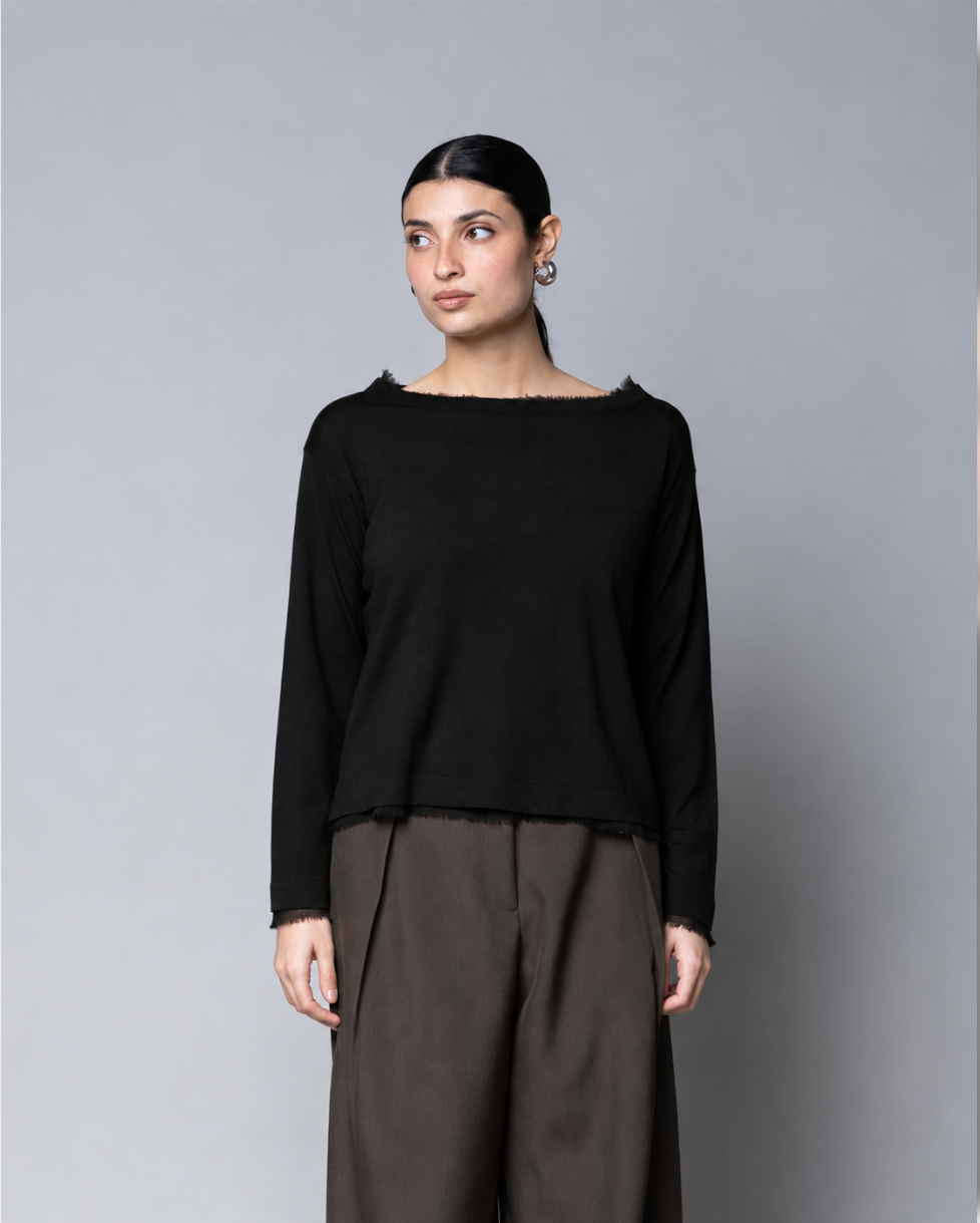 MAGLIA SCOLLO A BARCHETTA CON INSERTI GEORGETTE NERO KAOS