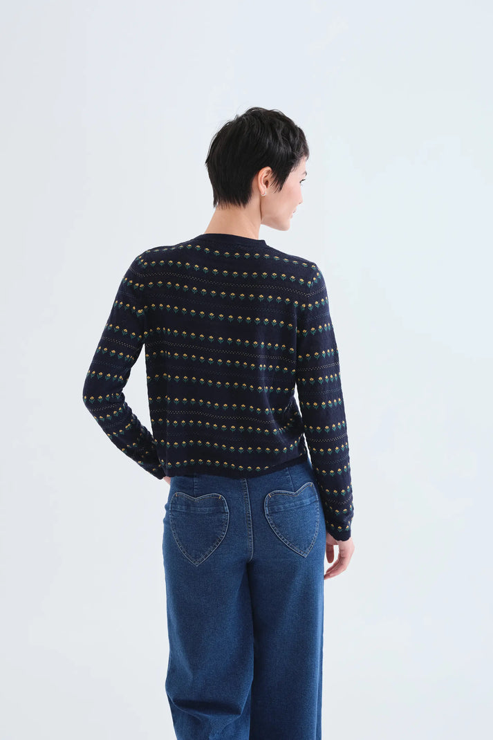 CARDIGAN JACQUARD BLU NAVY FIORI RICAMATI 63C/10218 COMPANIA FANTASTICA
