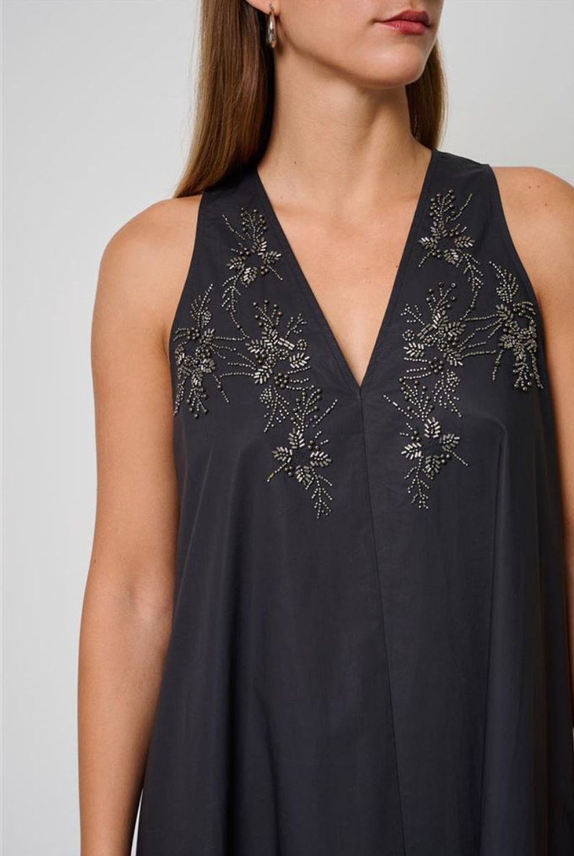 ABITO LUNGO DI COTONE NERO RICAMATO KAOS