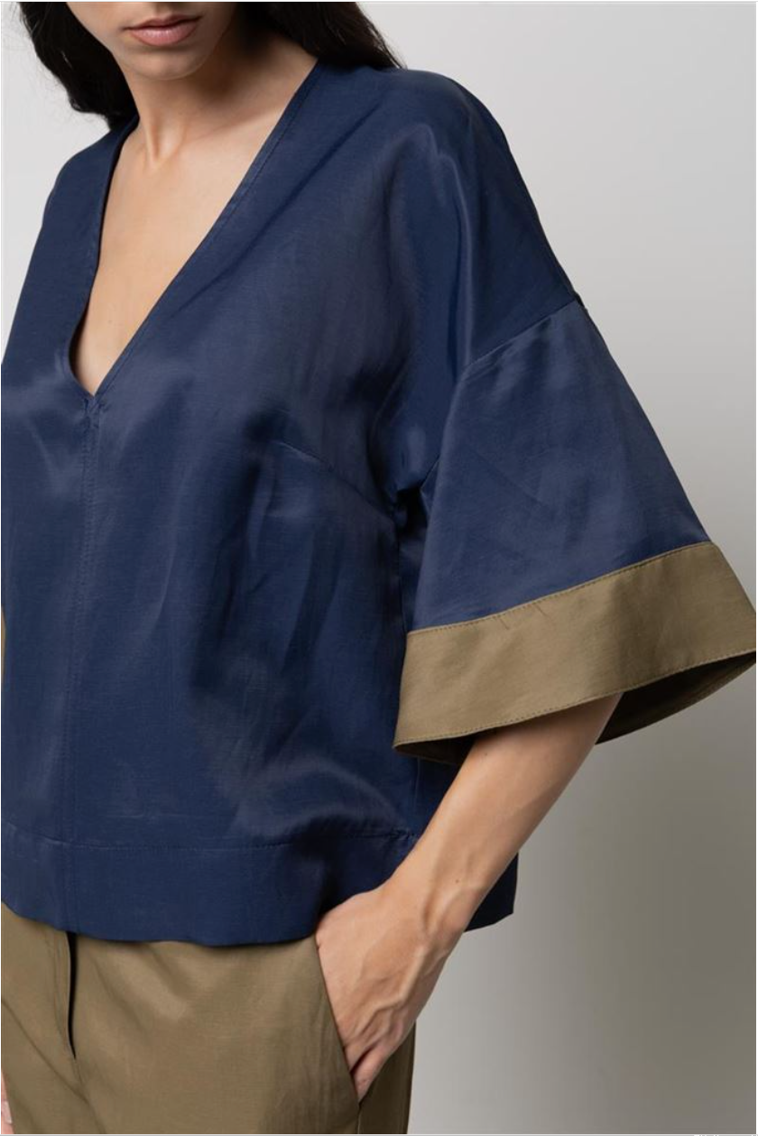 BLUSA BICOLORE IN MISTO LINO KAOS