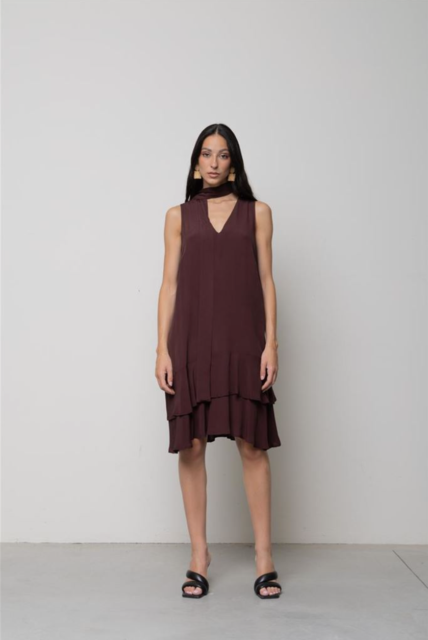 ABITO CORTO IN CREPE DE CHINE CON BALZE CIOCCOLATO KAOS