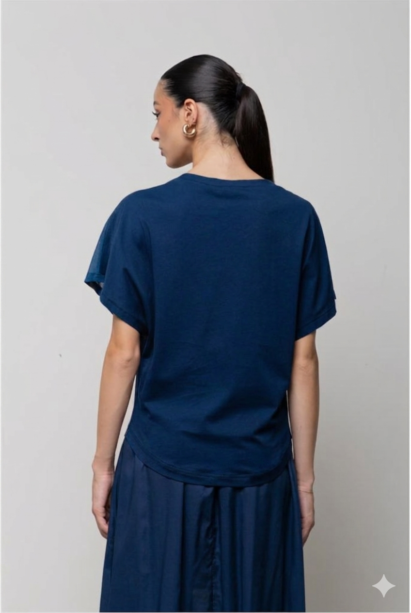 BLUSA DI JERSEY CON INSERTI DI MUSSOLA BLU NAVY ICONA
