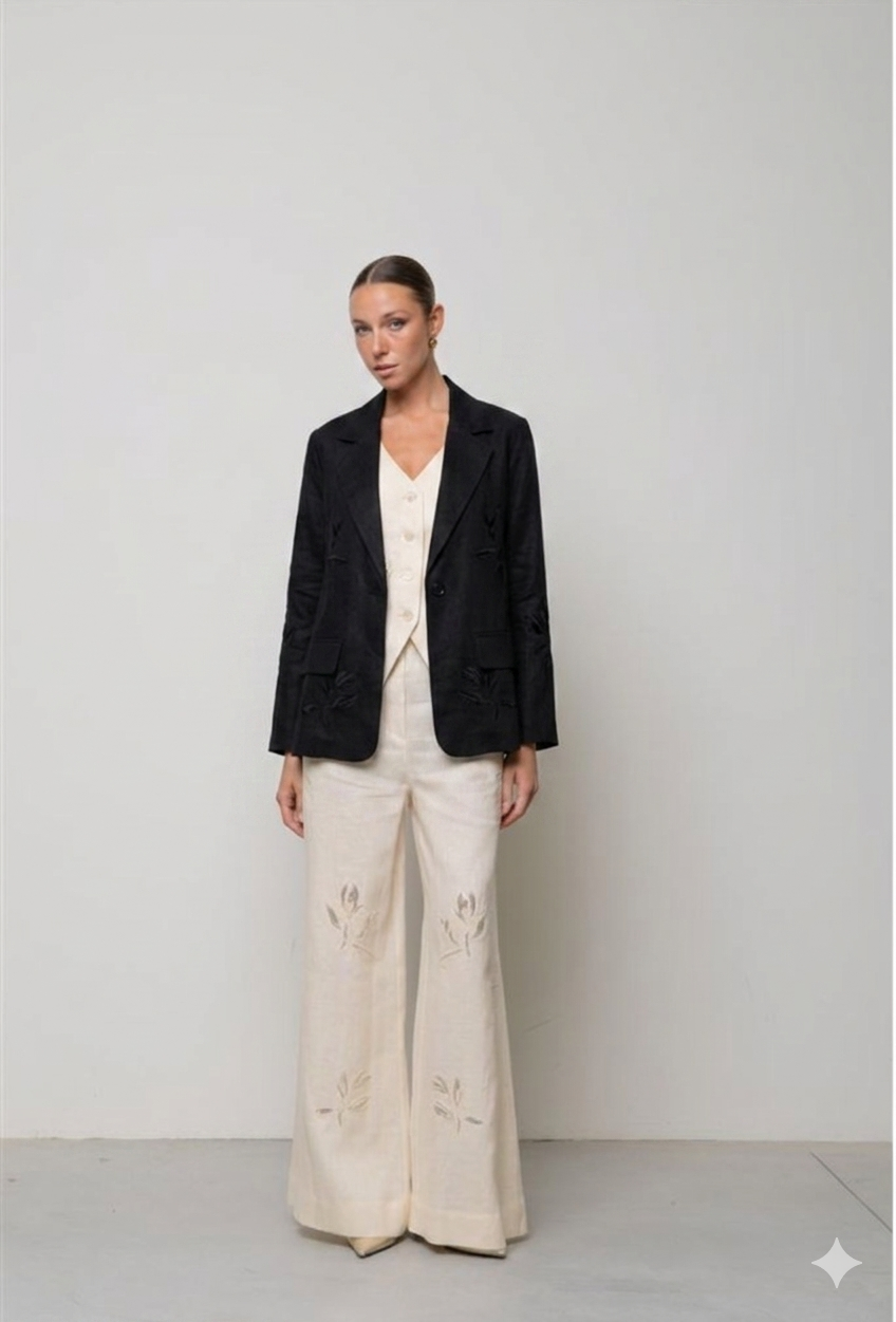 BLAZER MONOPETTO DI LINO RICAMATA NERA ICONA