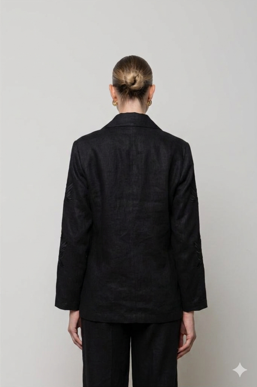 BLAZER MONOPETTO DI LINO RICAMATA NERA ICONA