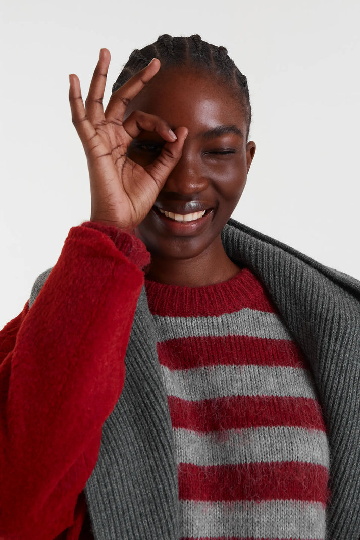 MAGLIA FANTASIA RIGHE GRIGIO E BORDEAUX