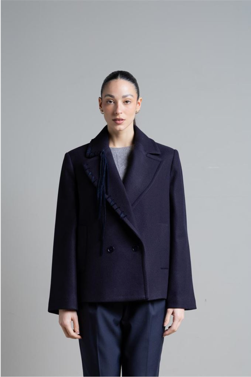 CABAN IN PANNO CON IMPUNTURE IN ECO CAMOSCIO BLU NOTTE ICONA