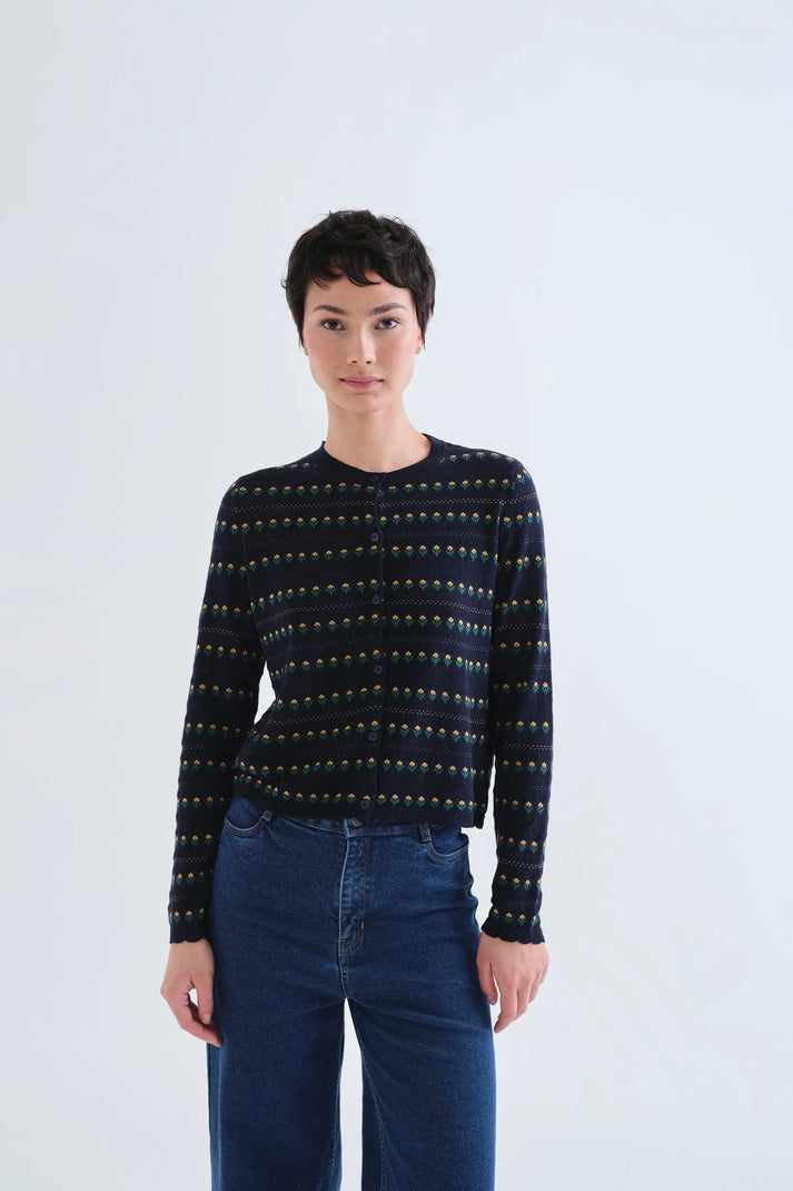 CARDIGAN JACQUARD BLU NAVY FIORI RICAMATI 63C/10218 COMPANIA FANTASTICA