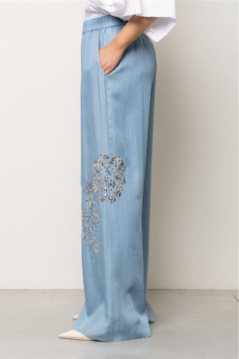 Pantaloni Palazzo Effetto Denim con Ricamo  KAOS JEANS