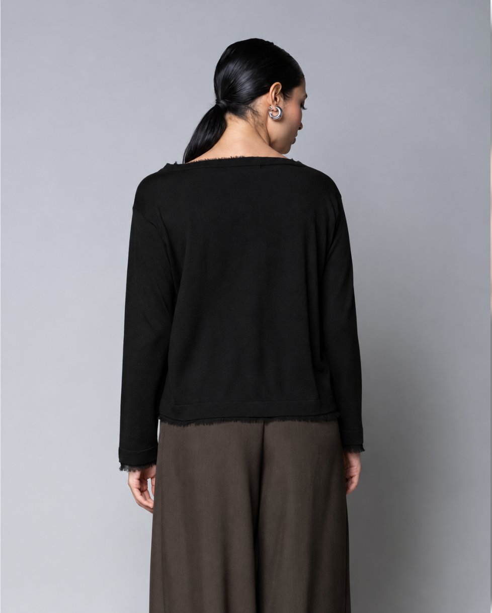 MAGLIA SCOLLO A BARCHETTA CON INSERTI GEORGETTE NERO KAOS