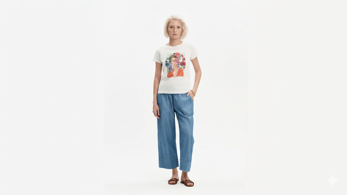 PANTALONI MIDI IN CHAMBRAY CON RISVOLTO E COULISSE WHITE WISE