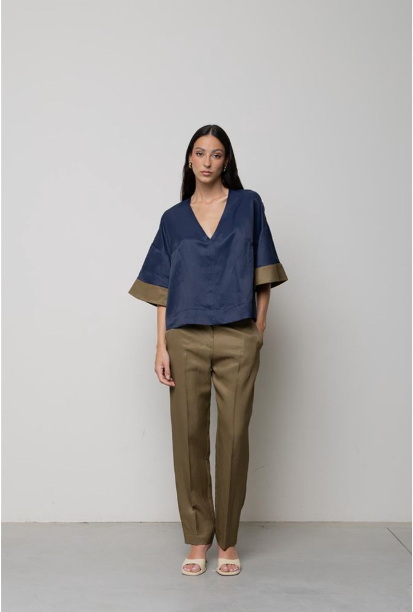 BLUSA BICOLORE IN MISTO LINO KAOS