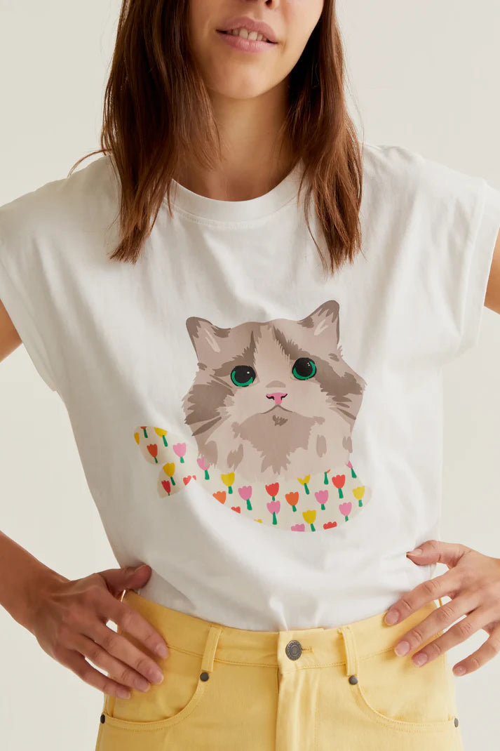 T-SHIRT BIANCA CON STAMPA GATTO COMPANIA FANTASTICA
