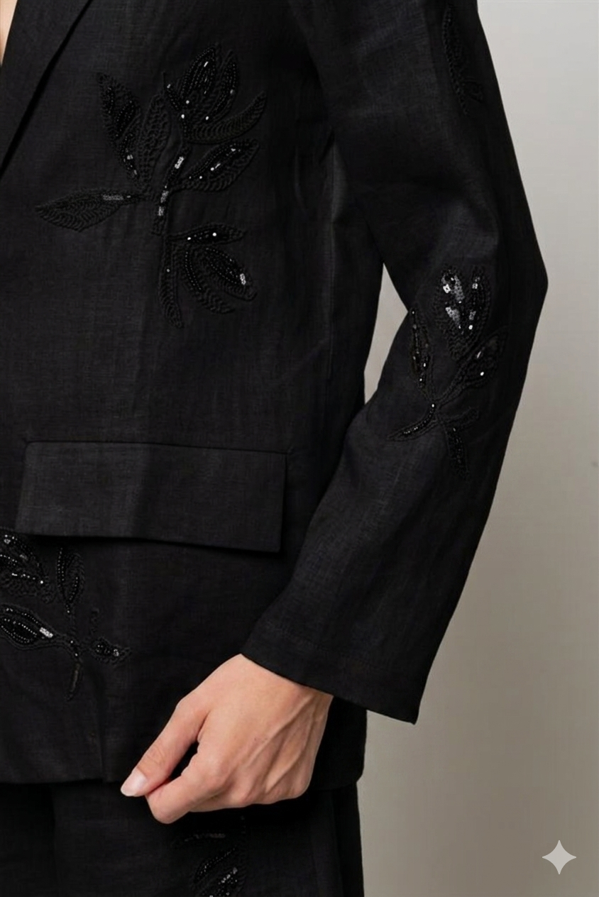 BLAZER MONOPETTO DI LINO RICAMATA NERA ICONA