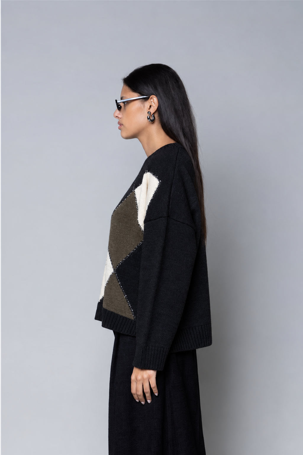 MAGLIA JACQUARD ROMBI GIROCOLLO NERO KAOS