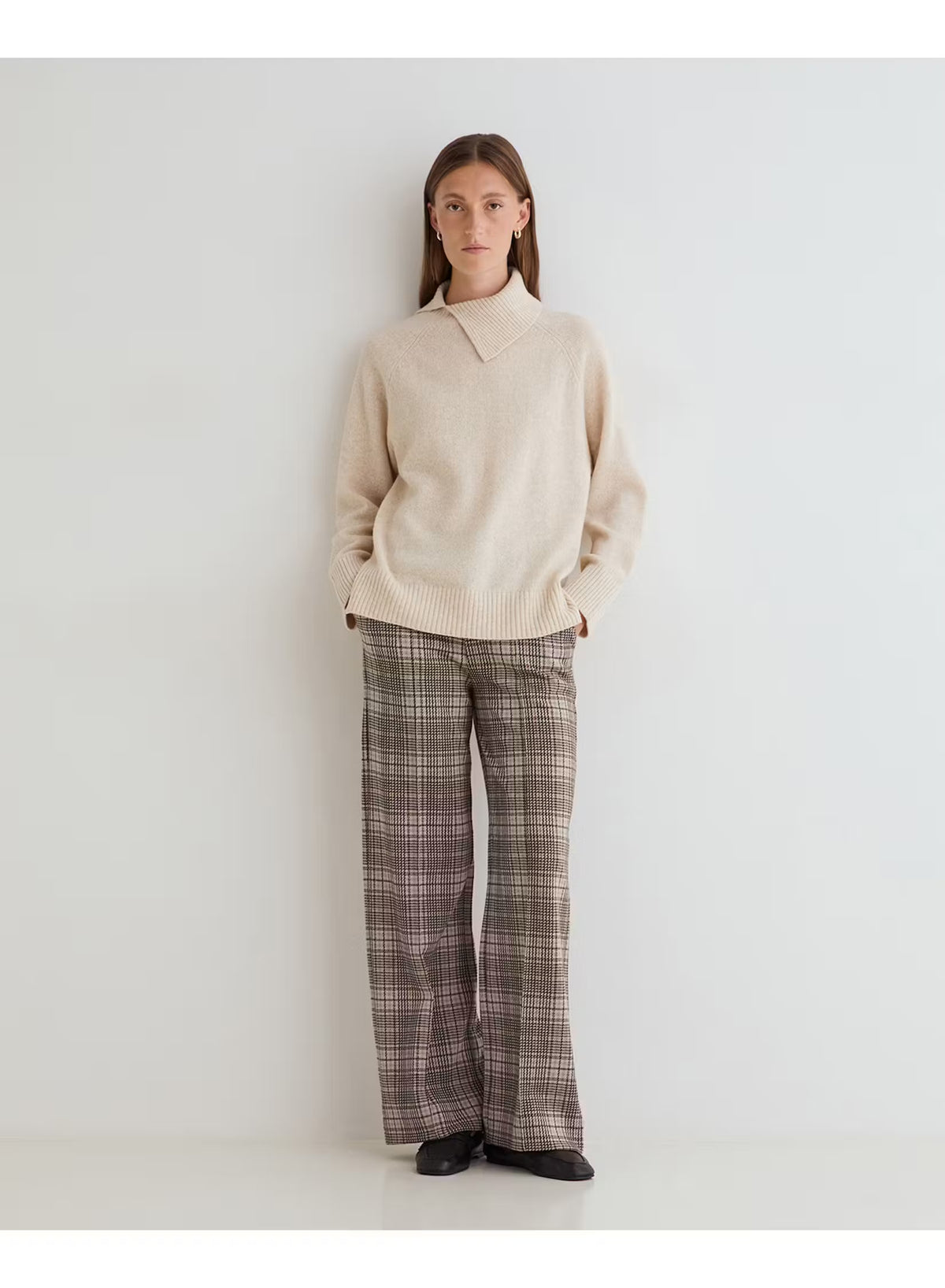 PANTALONE WHDE-LEG CHECKED FANTASIA PRINCIPE DI GALLES BEIGE MARRONE 45422-403 YERSE