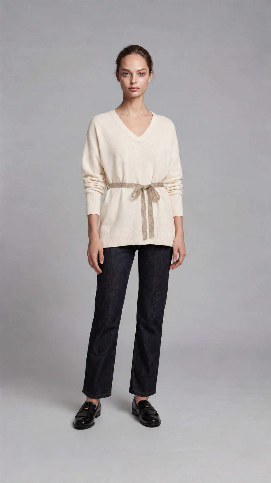MAGLIA SCOLLO V CINTURA LUREX PANNA PURA LANA CROCHÈ